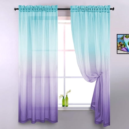 KOUFLavender Curtains for Bedroom,Girls Room Mermaid Decor,Purple Sheer Ombre Baby Kids Curtains for Nursery,Lilac and Aqua Teal,63 Inch Length 2 Panels Set