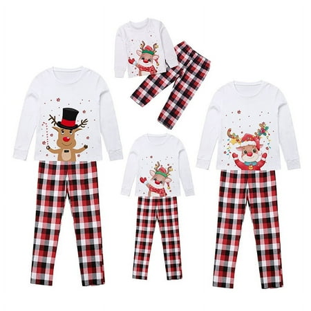 

Pudcoco 2 Piece Family Christmas Pajama Set Long Sleeve Cartoon Deer Print Tops + Plaid Pants Set Cute Pattern Family Collection Pajamas