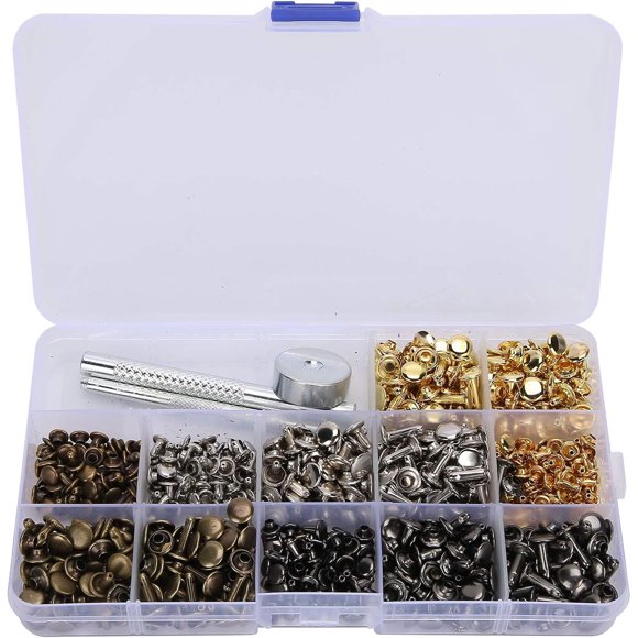 Kit de remaches de cuero de 363 piezas, remaches de latón de 2 tapas dobles, tachuelas de cuero con herramientas de ajuste para reparación de cuero y manualidades