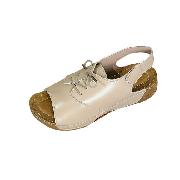 RUIYANQI Women's Leather Lace - Up Wedge Sandals,Open - Toe Summer Footwear with Adjustable Straps for Casual Daily Wear Beige Women Sandal