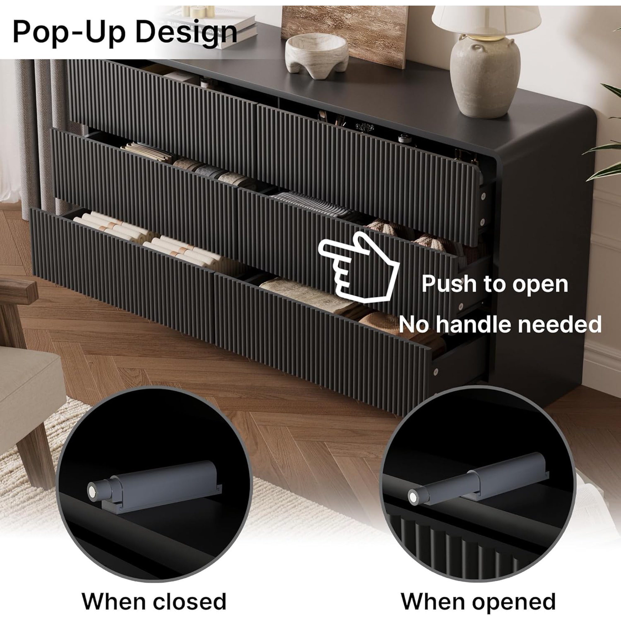 FURNIWAY Black 6 Drawer Dresser Push to Open Modern Curved Long Dresser for Bedroom Living Room Closet
