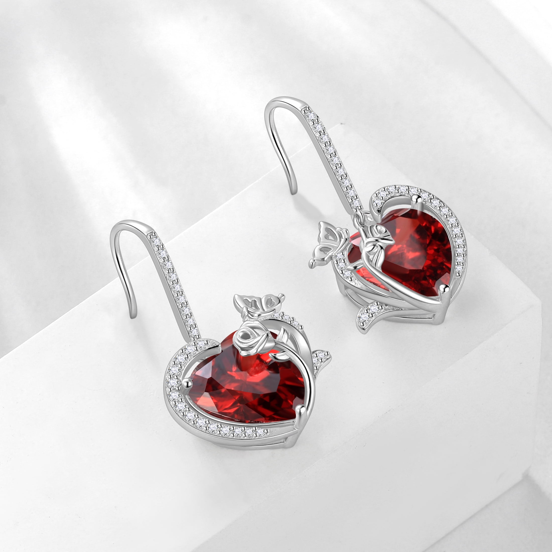 Juwaliy Women Drop Earrings 925 Sterling Silver Hook Earrings January Birthstone Heart Garnet Red Butterfly Rose Flower Jewelry Mother Christmas Valentines Gift