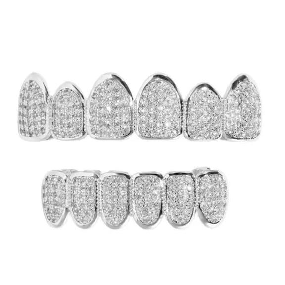 Solid 925 Silver Simulated Diamonds Custom Grillz Teeth Top Bottom Set Hip Hop-Set SL