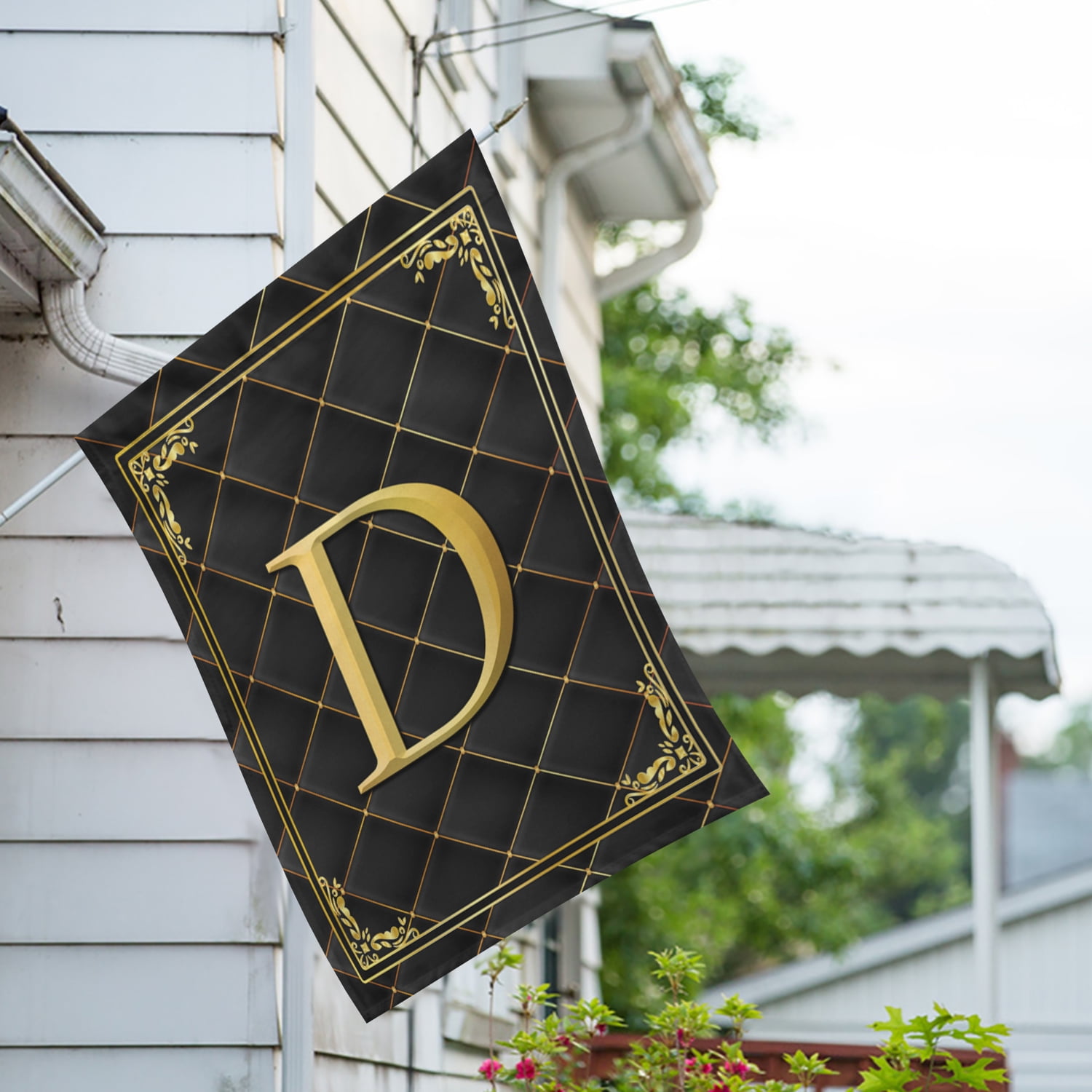 America Forever Monogram D House Flag, 28 x 40 inch Double Sided, Black Gold Quilted Design, Decorative Letter D Flag, Elegant Monogrammed Banner, Personalized Initial Outdoor Decor, Yard Flag