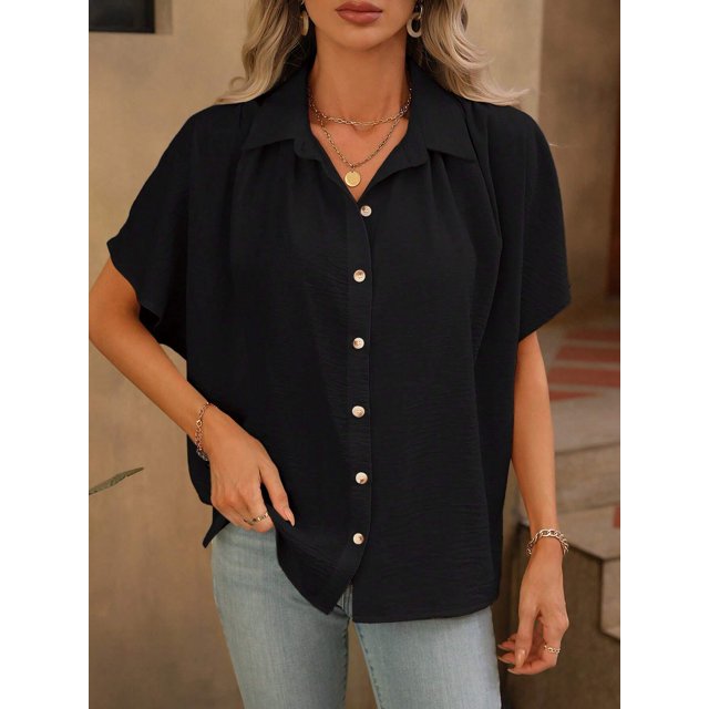 Mode Printemps/été pour Femmes Cardigan à Col Rabattu Style Urbain Élégant Blouse Décontractée à Manches Courtes pour Bureau
