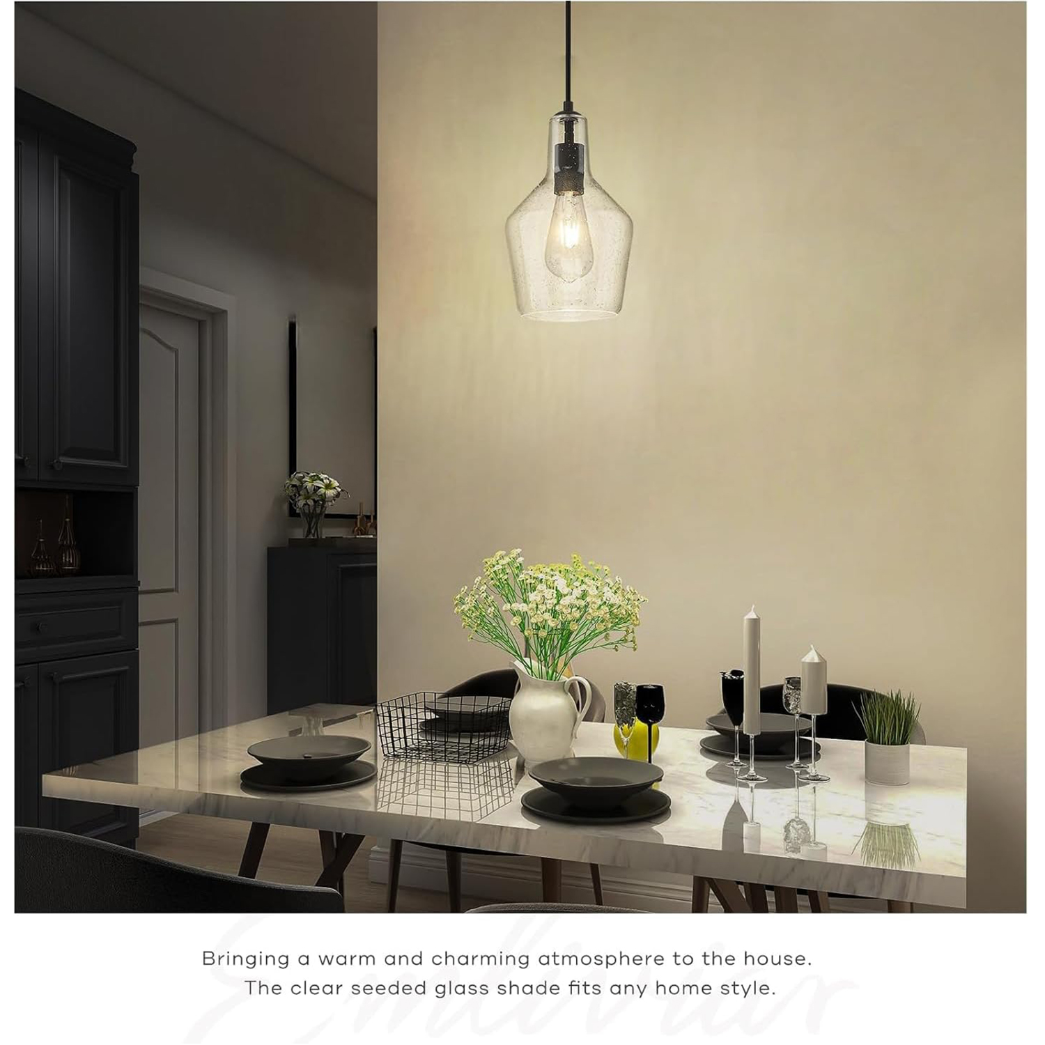 Emliviar Modern Island Pendant Light with Clear Seeded Glass, Black Finish, DYE286G2-MIL BK