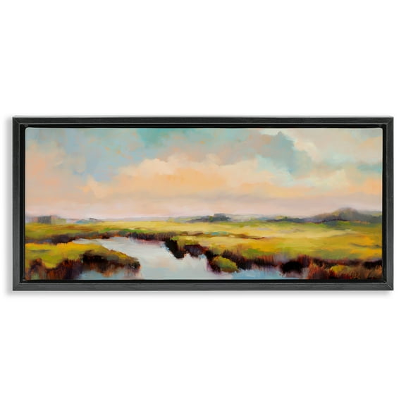 Stupell Industries Sunrise over Rural Stream Landscape & Nature Painting Black Floater Framed Canvas Art Print Wall Art, 25 x 11