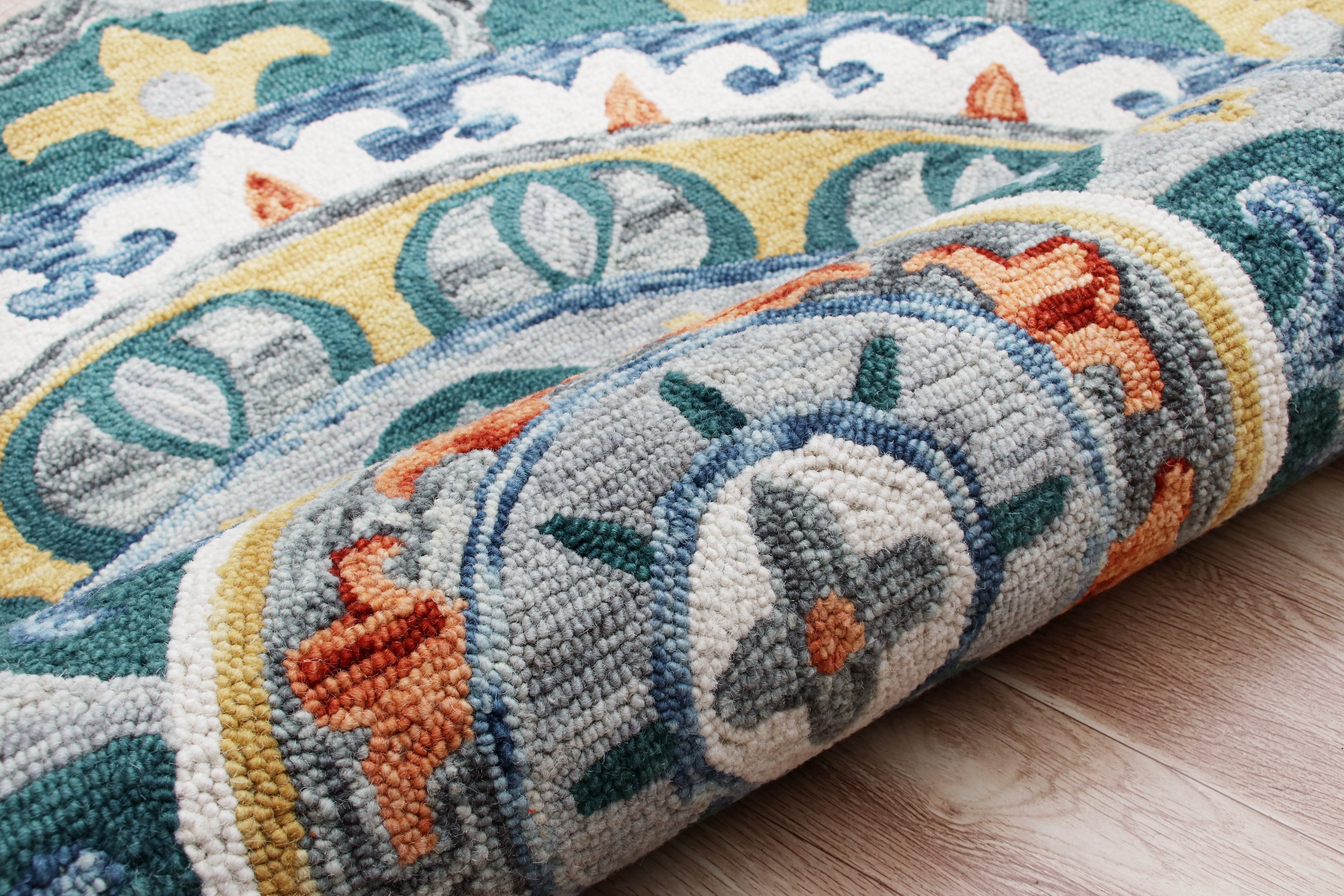 Ox Bay Talia 4' Round Teal/Multi Medallion Wool Indoor Area Rug