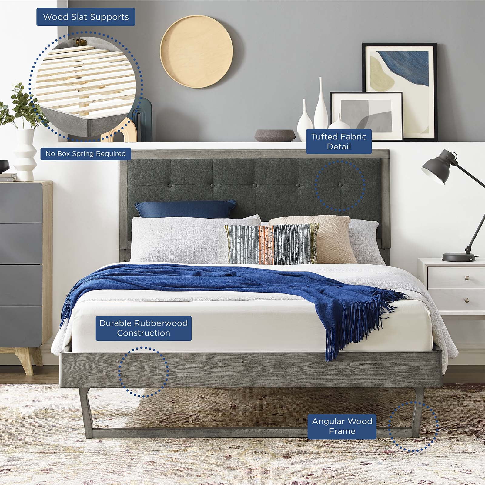 Platform Bed Frame, King Size, Wood, Grey Gray, Modern Contemporary Urban Design, Bedroom Master Guest Suite