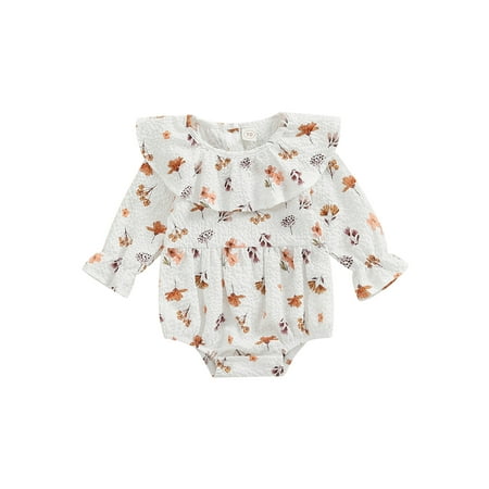 

Infant Baby Girls Romper Ruffle Long Sleeve Bodysuits Floral Round Neck Button Jumpsuits