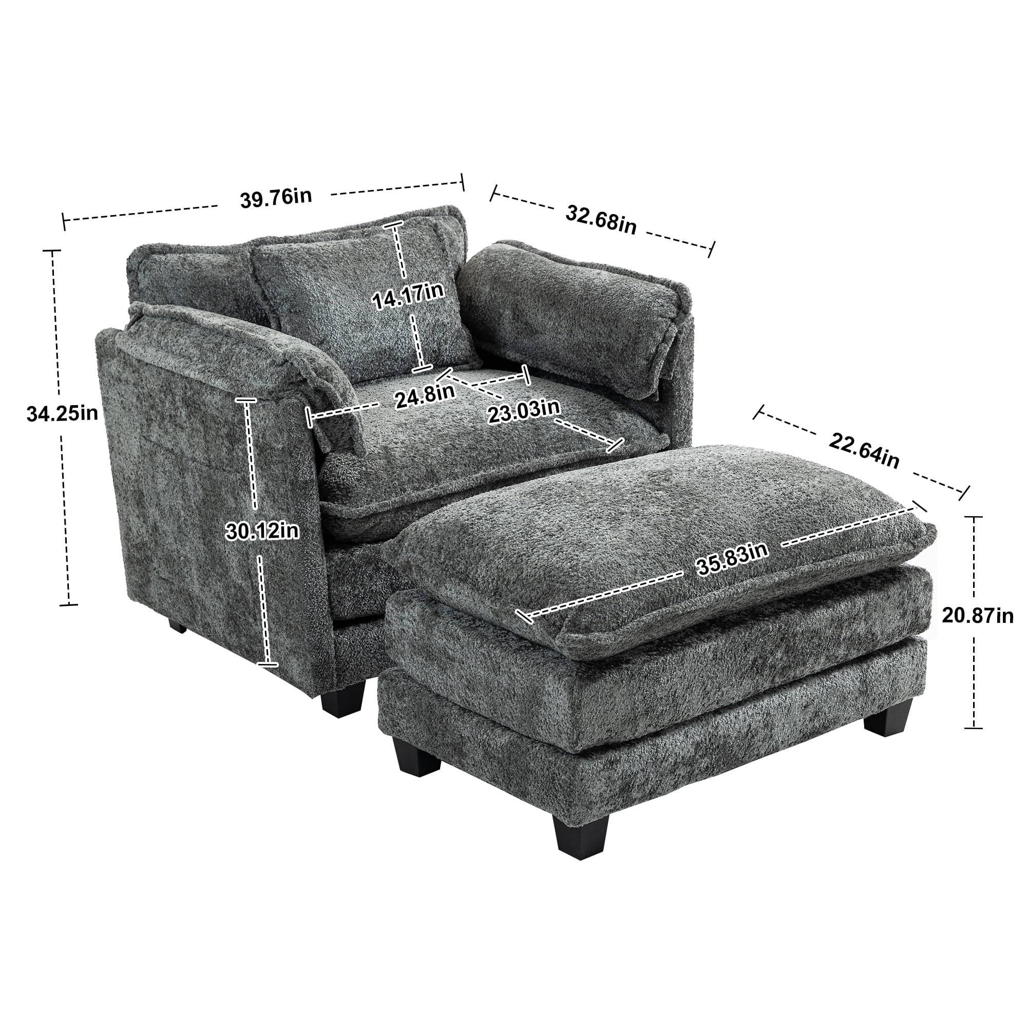Miniyam 55" x 39.76" Luxury Oversized Boucle Sofa Bed with Ottoman, Single Seater, Double Deep Cushion & Thick Armrests for Living Room, Bedroom, Dark Grey