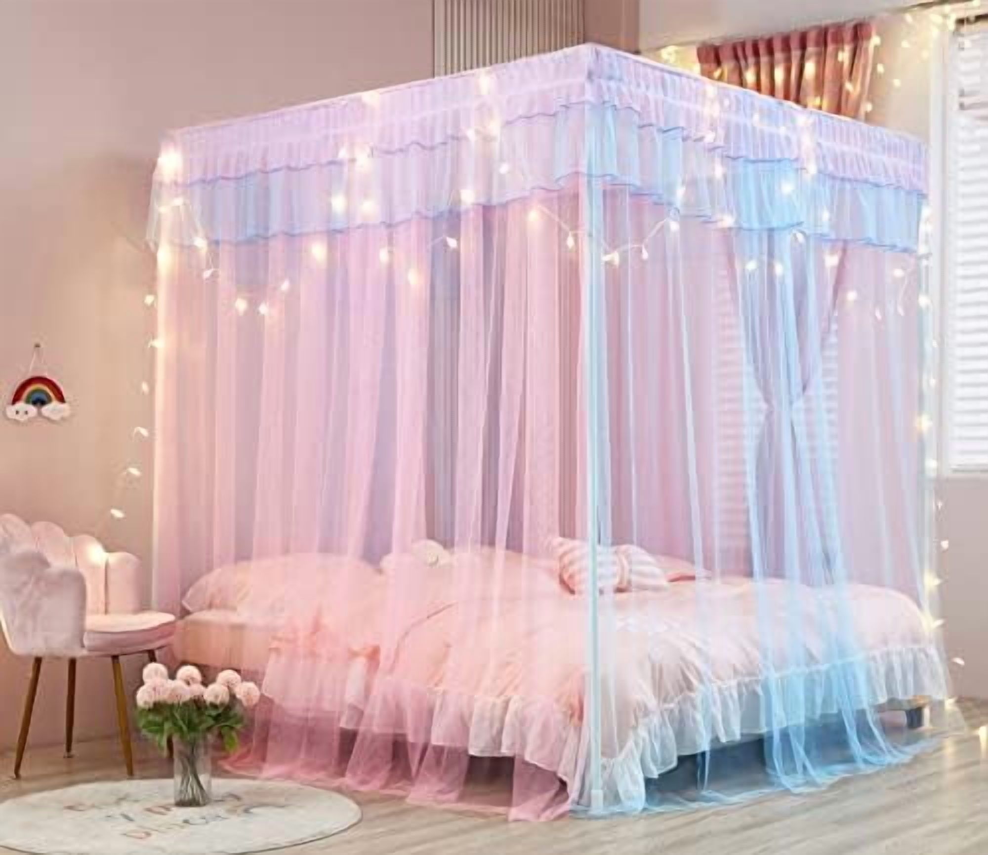 Rainbow Canopy Bed Curtains with Lights - Princess Bed Canopy for Girls - Bed Drapes Netting- Bedroom Decoration Accessories,Queen