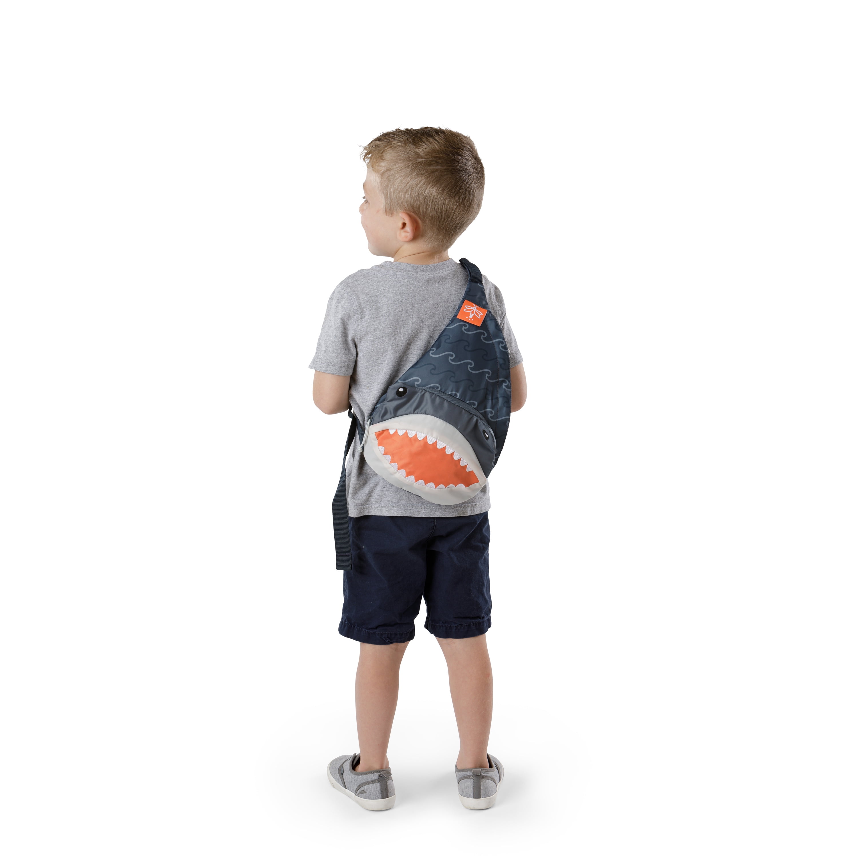 Firefly! Outdoor Gear Finn the Shark Sling Backpack, Navy and Gray, 3 Liter, Kids Backpack