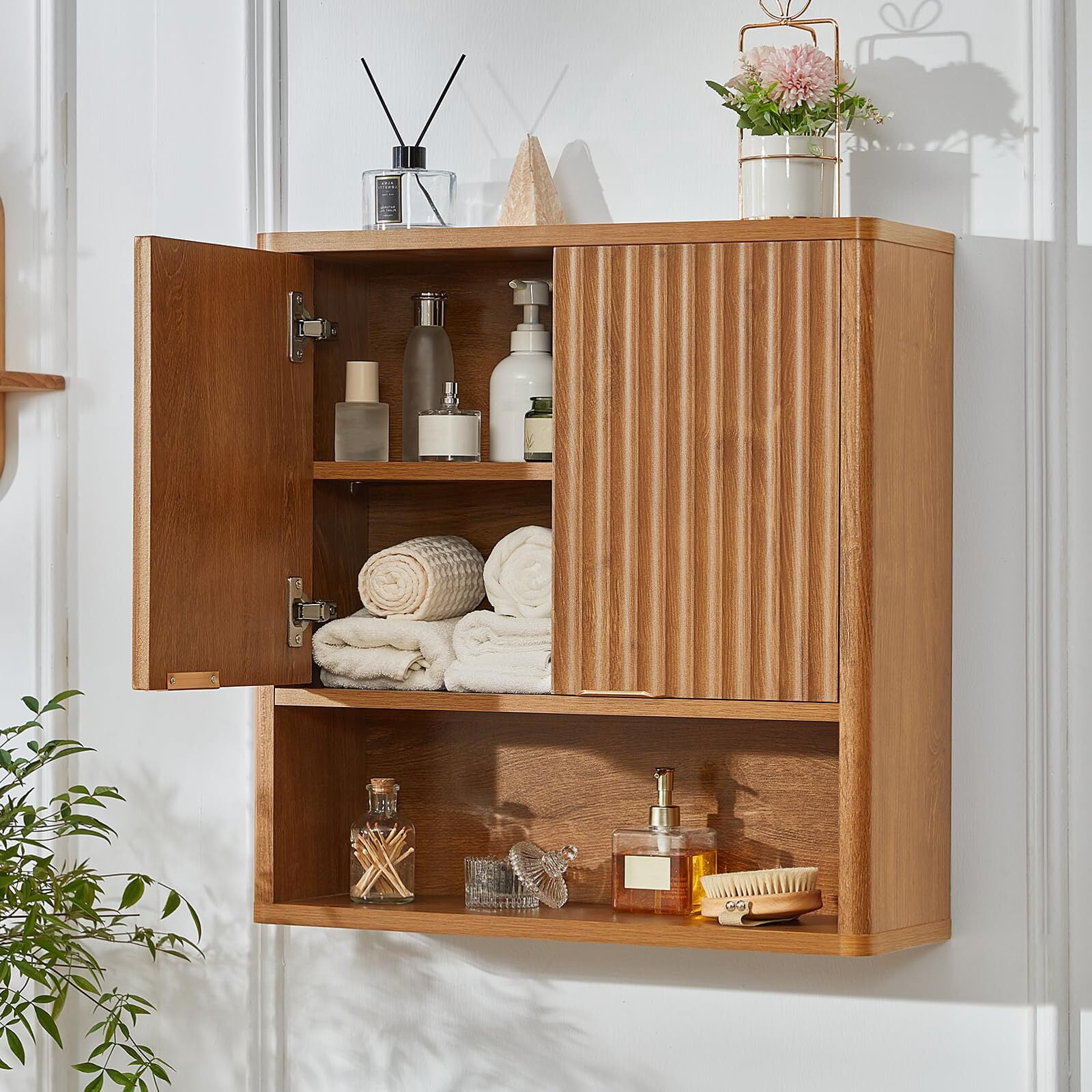 LELELINKY Rattan Wood Bathroom Wall Cabinet with Adjustable Shelf, Boho Medicine Cabinet for Over-Toilet Storage, Laundry Room, Tea Color
