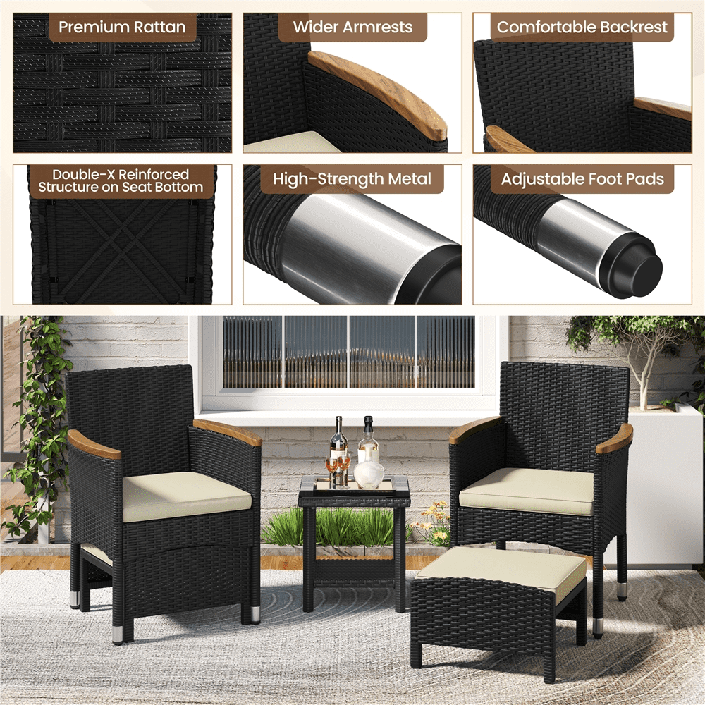 Renwick 5-Piece Outdoor Conversation Set with Chairs, Ottomans, Coffee Table, Black/Beige