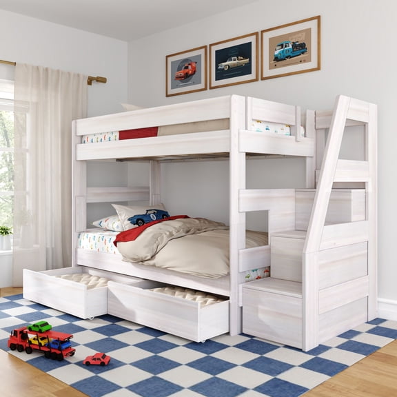Modern Farmhouse Twin Over Twin Bunk Bed With Staircase and Storage Drawers, White Wash