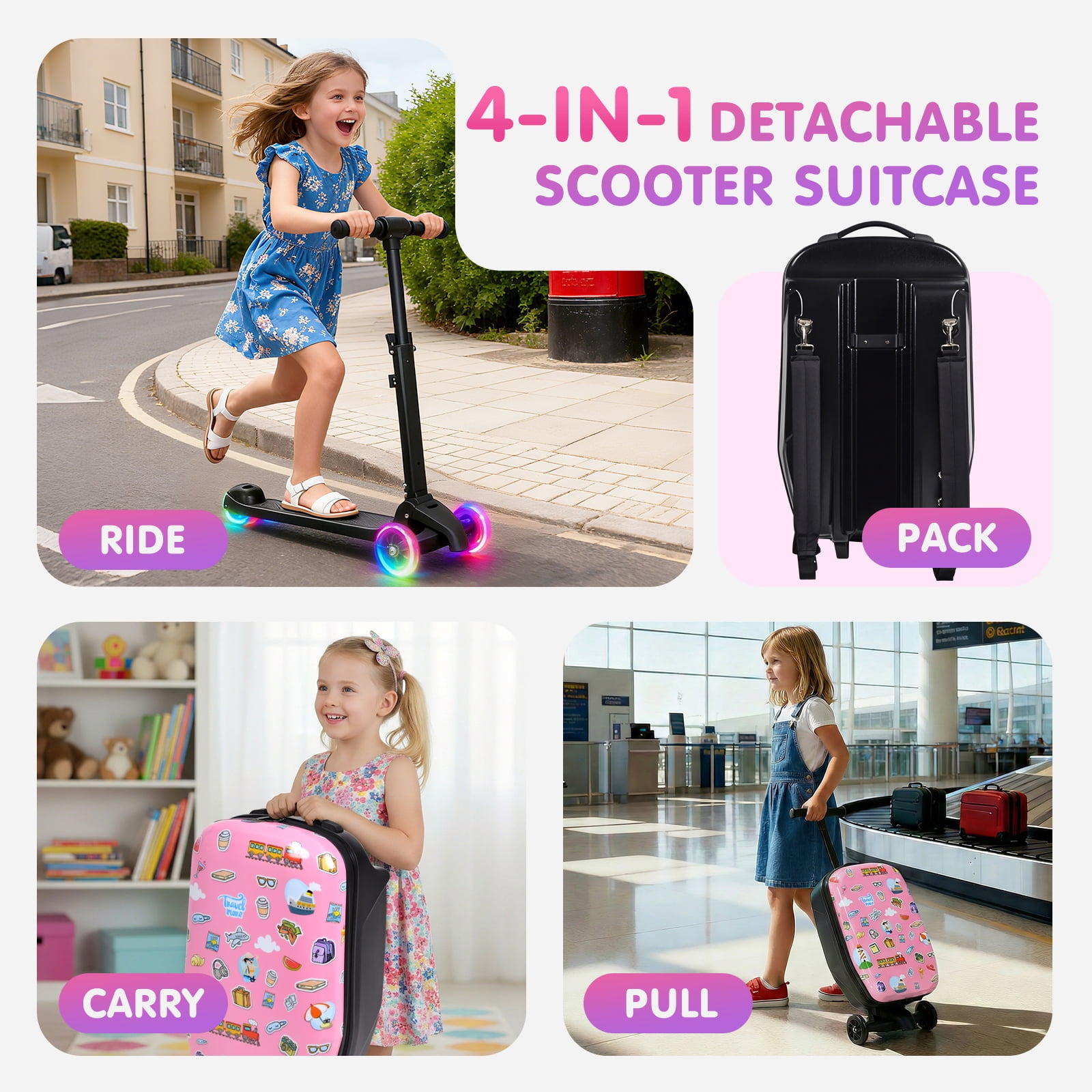 Advwin Kids Scooter Luggage with LED Wheels, 4-in-1 Detachable Foldable Ride-On Suitcase, Travel Sticker Design Hardside Carry-On Travel Luggage, Convertible Backpack, Pink
