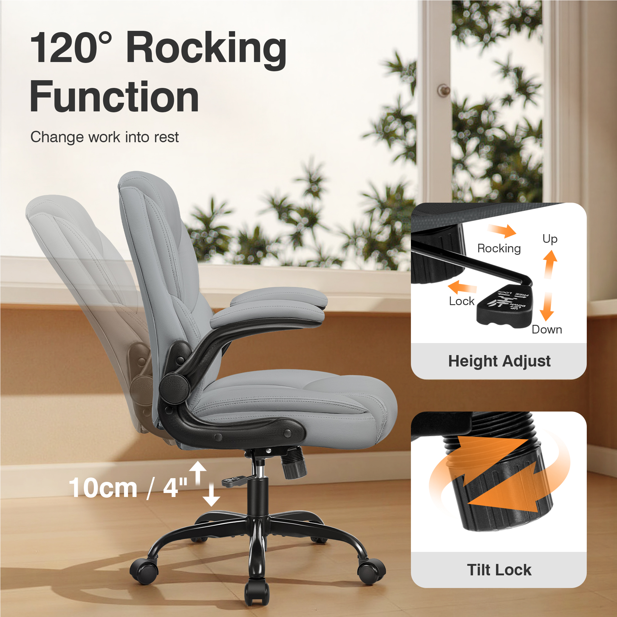 Primy Compact PU Leather Office Chair - Ergonomic Adjustable Height Computer Desk Chair with Flip-Up Armrests, Mid-Back Executive Swivel Chair on Wheels for Small Spaces & Petite Users, Gray