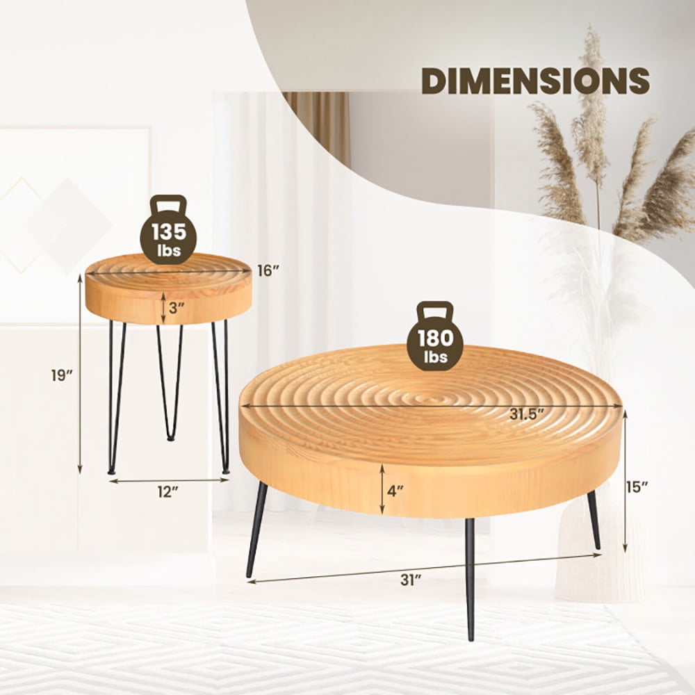 Finihen Coffee Table, Wooden Coffee Table, Set of 2 Solid Wood Farmhouse Round Coffee Tables with Ring Pattern, for Living Room, Reception Room, Natural Finihen Coffee Table, Wooden Coffee Table, Set of 2 Solid Wood Farmhouse Round Coffee Tables with Ring Pattern, for Living Room, Reception Room, Natural