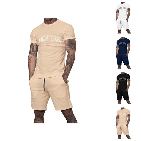Short Sets for Men New York Graphic Crewneck T Shirt and Shorts 2 Piece Matching Set Mens Summer Outfits