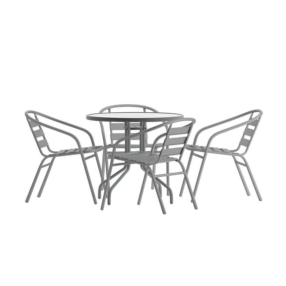Flash Furniture Lila Glass Top Metal Table with 4 Stack Chairs 31.5'' Round Silver (TLH072RD017CSV4)