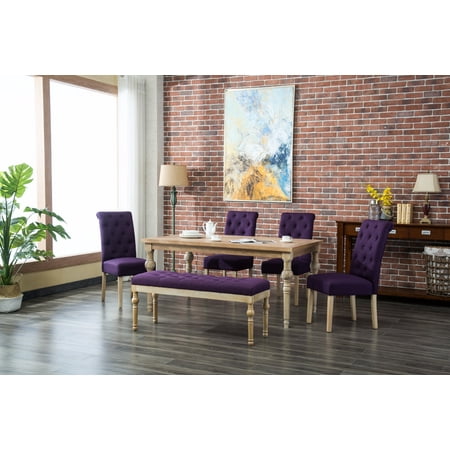 Roundhill Habitanian 6 Piece Dining Set White Wash Turned Legs Table With 4 Purple On Tufted Chairs And 1 Bench Accuweather Roundhill Habitanian 6 Piece Dining Set, Roundhill Habitania Solid Wood Dining Table With 6 Tufted Chairs Tan