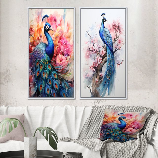 Designart "Watercolor Peacock Blue and Pink Splendor II" Peacock Framed Wall Art Set Of 2 - Blue Animals Framed Canvas Set For Living Room Decor