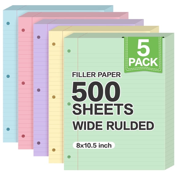 Deli 500 Sheets Wide Ruled Filler Paper,10.5" x 8" Pastel Colored Loose Leaf Paper,3-Hole Punched Notebook Paper for 3-Ring Binders, Office Supplies