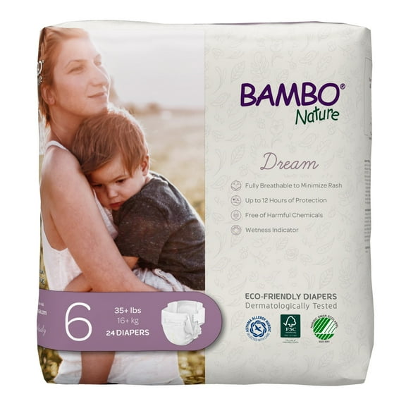 Bambo Nature Baby Diapers, Disposable, Eco-Friendly, Size 6, 35 lbs, 24 Count, 3 Packs, 72 Total