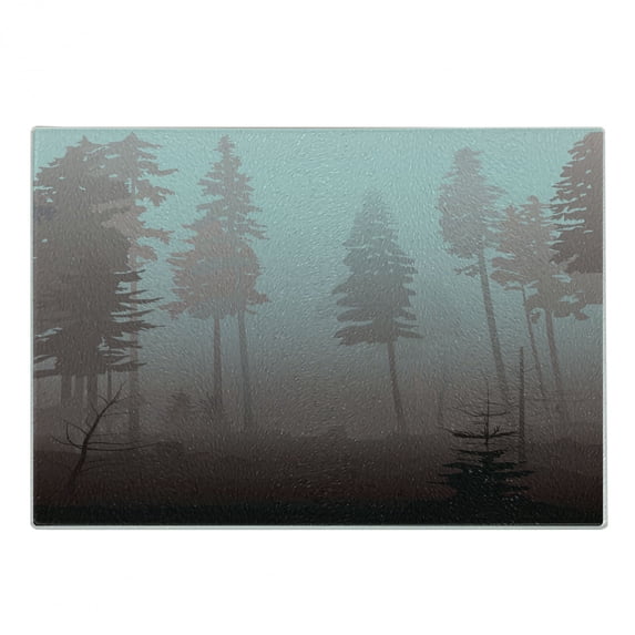Forest Cutting Board, Early Morning in Mysterious Woods with Heavy Fog Coniferous Trees, Decorative Tempered Glass Cutting and Serving Board, Small Size, Dried Rose Pale Blue, by Ambesonne