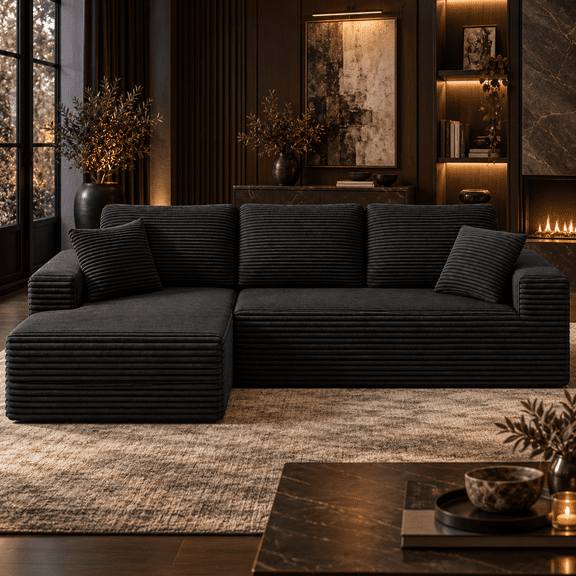 Neche Modular Sectional Couch, Modern Oversized L-Shape Boneless Cloud Couch for Living Room, No Assembly Required, Black Corduroy, Left Chaise