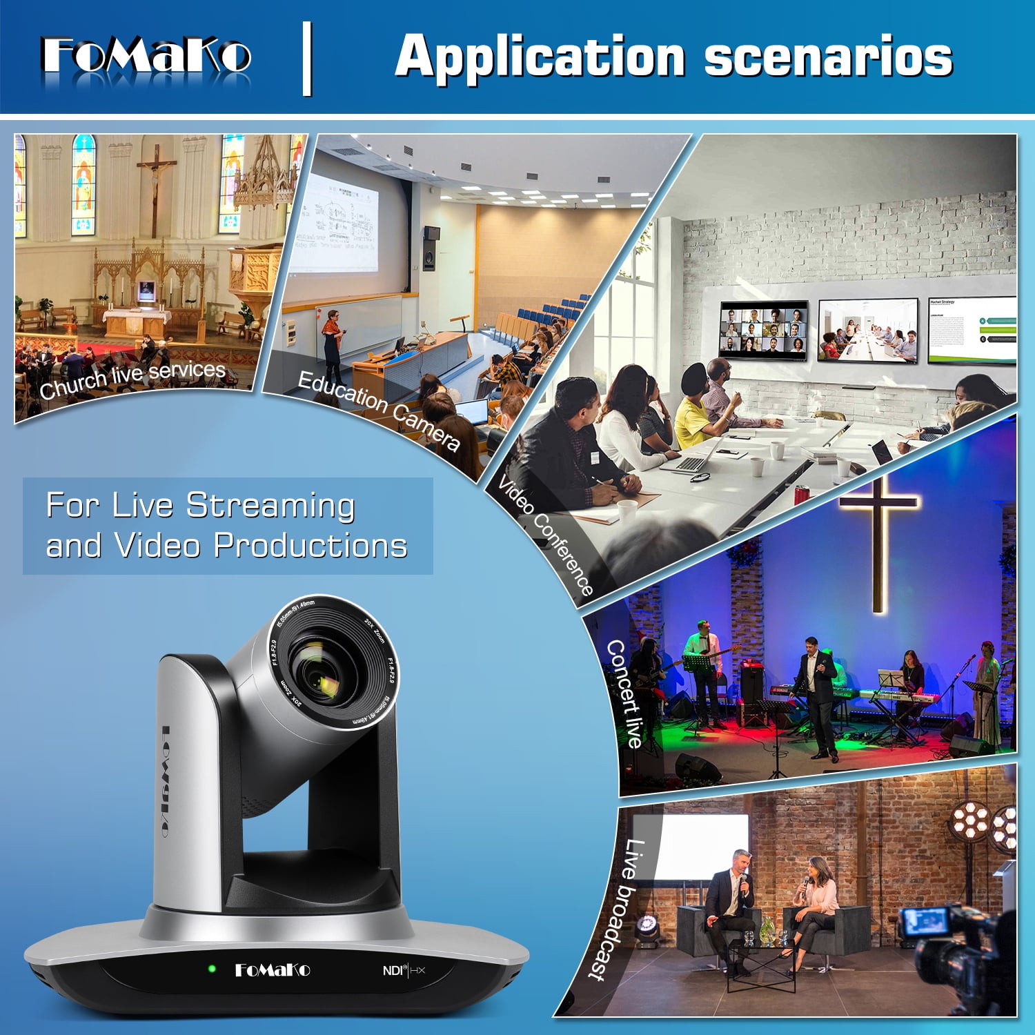 FoMaKo NDI Video Web Cam AI Auto Tracking HDMI PTZ Camera 20x Optical Zoom IP USB3.0 HDMI PTZ Camera for Church Services Worship Education, PoE 1080P60 FMK20UH NDI