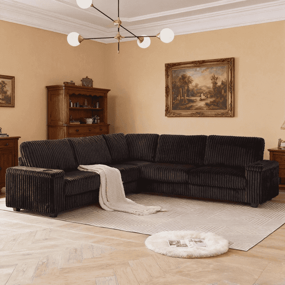 L Shaped Couches, Modular Sectional Sofa, Corduroy Couch with Armrest Storage and USB Ports, Cup Holders, Matte Black