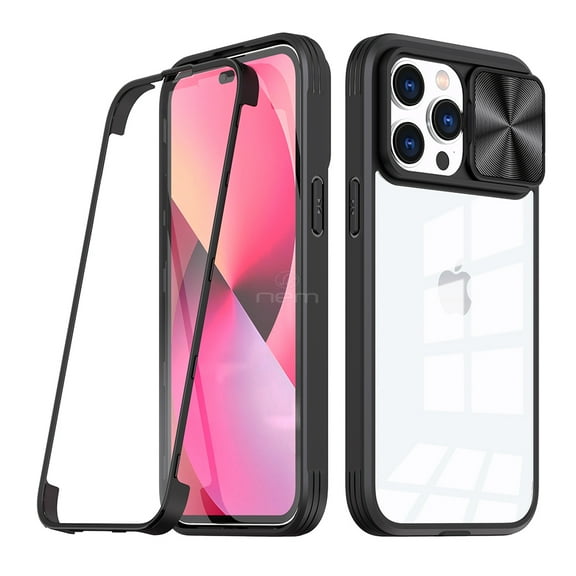 For Apple iPhone 14 Pro 6.1 inch Transparent Crystal Build-in Screen Slide Lens Shockproof Protective Hybrid Case Cover Black