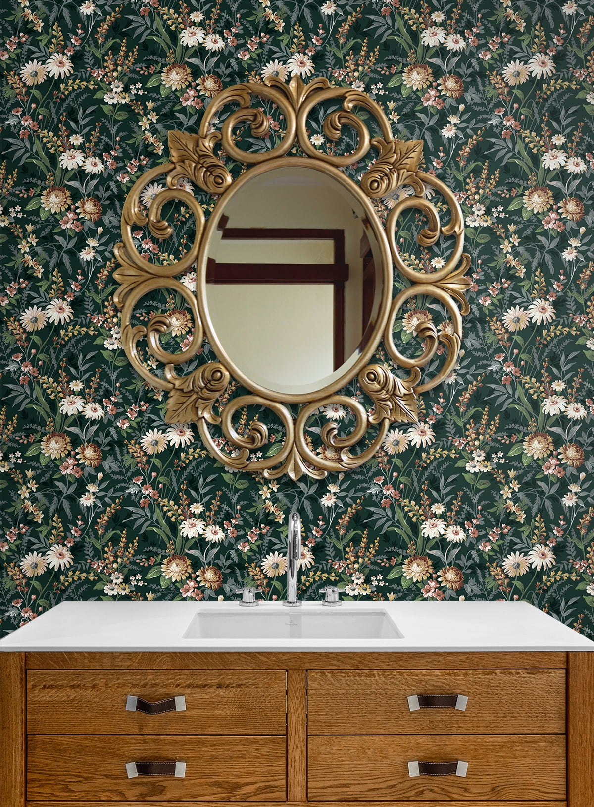 NextWall  Vintage Floral Peel and Stick Wallpaper 20.5 in. W x 18 ft. L - Forest Green