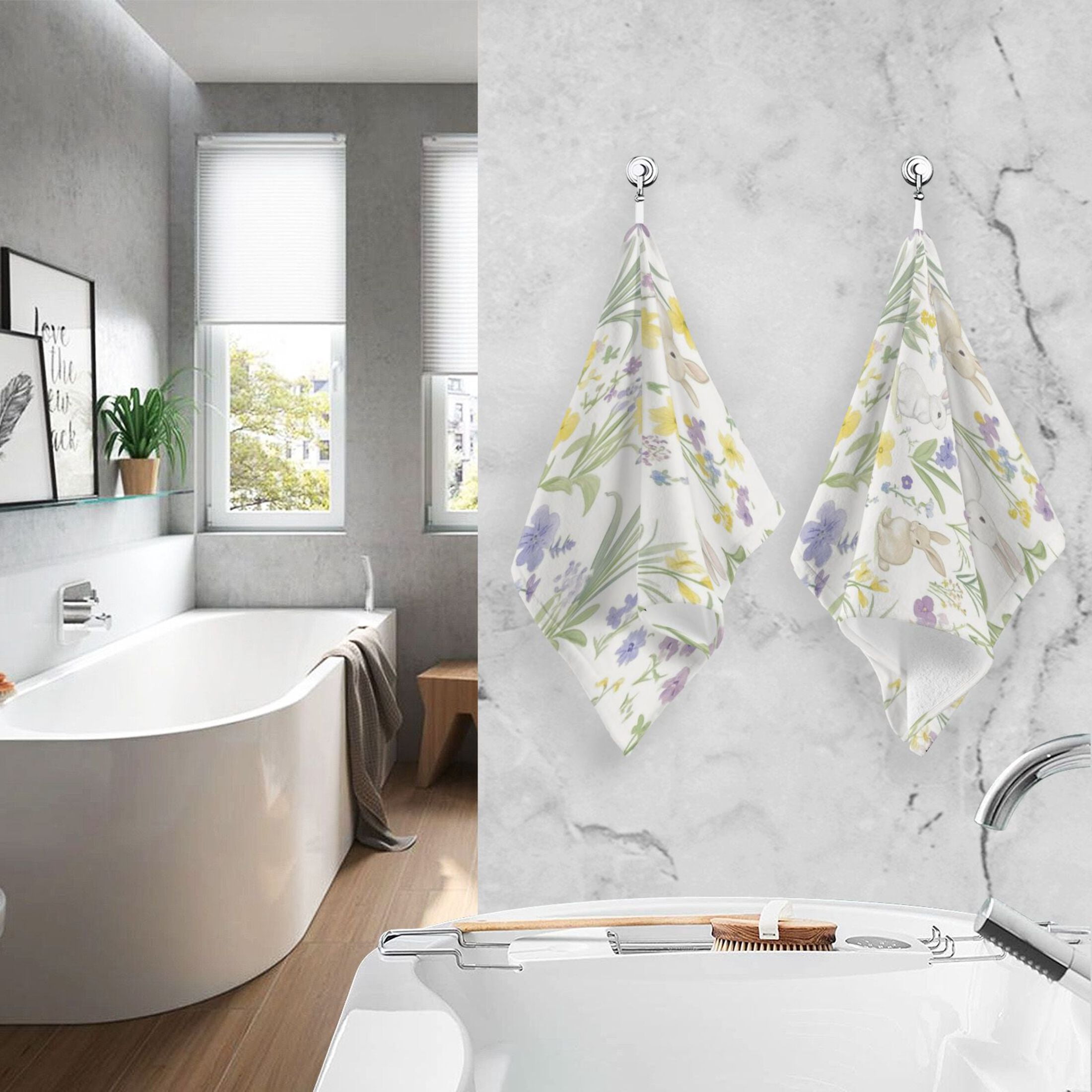 2 Pcs Absorbent Face Towel Bath Hand Towels Soft Breathable Cotton Towel Set for Bathroom Kitchen Hotel Spa Decor Spring Garden with Bunnies