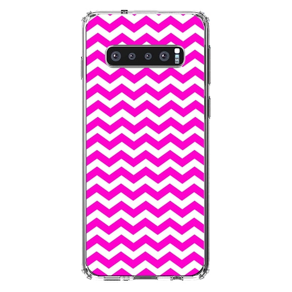 DistinctInk Clear Shockproof Hybrid Case for Samsung Galaxy S10 (6.1" Screen) - TPU Bumper, Acrylic Back, Tempered Glass Screen Protector - Hot Pink White Stripes Wave - Stripes Pattern