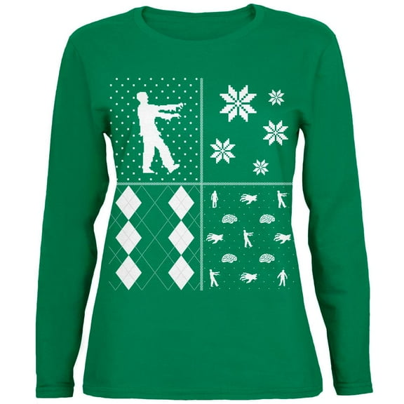 Zombies Festive Blocks Ugly XMAS Sweater Green Womens Long Sleeve T-Shirt - Small