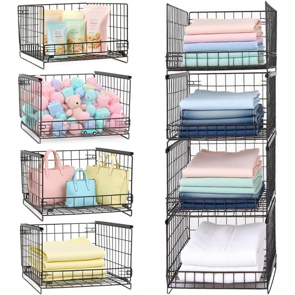 4-Tier Stackable Closet Storage Organizer, Desk Organizer, Foldable Stackable Closet Storage Basket for Office, Wardrobe, Kitchen, Bathroom, Living Room - Black