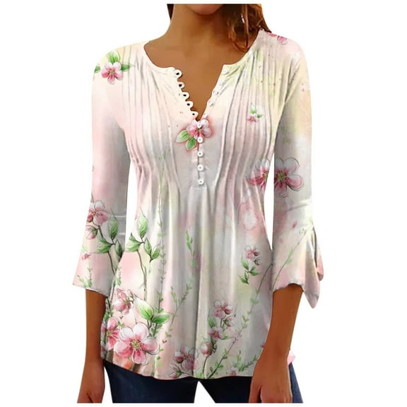 Bohemian Tops for Women Trendy 2025 Sexy Elegant t-Shirt Boho Floral Print 3/4 Bell Sleeve v Neck Shirts Blouse