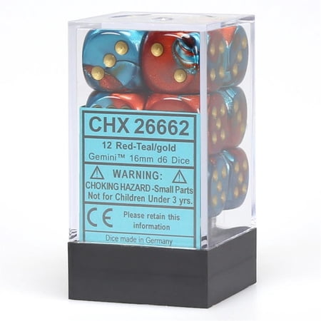 UPC 601982023492 product image for d6Cube16mmGemini#7 RDTLgd (12) D6 16mm Red & Teal w/Gold Chessex Manufacturing C | upcitemdb.com