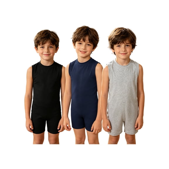 Hansber 3 Pack Sleeveless Back-Zip Jumpsuit Summer Tank Top One Piece Kids Special Needs Adaptive Clothing Black Grey Navy Blue 6