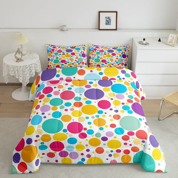 YST Colorful Polka Dots Comforter Set Abstract Geometry Bedding Queen Size Modern Rainbow Circle Bedding Comforter Sets Cartoon Circles Rounds Duvet Insert Christmas Themed Decor