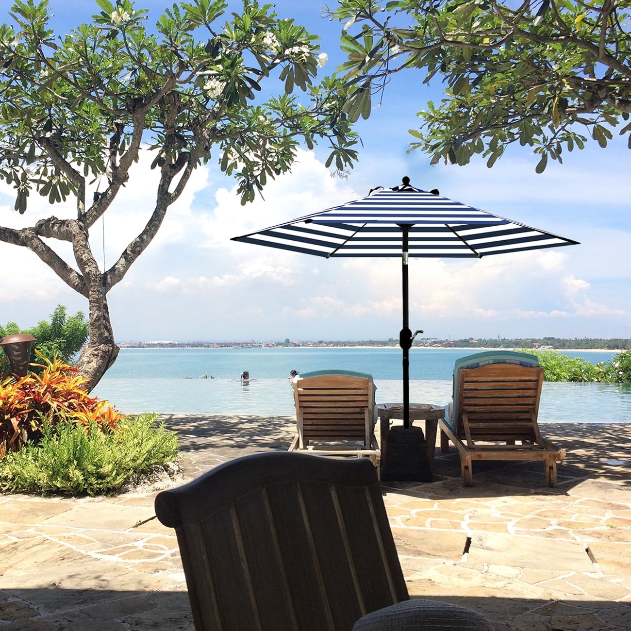 Bibana 7.5 ft Outdoor Patio Umbrella Table Umbrella with 6 Ribs, Push Button Tilt/Crank - Blue and White