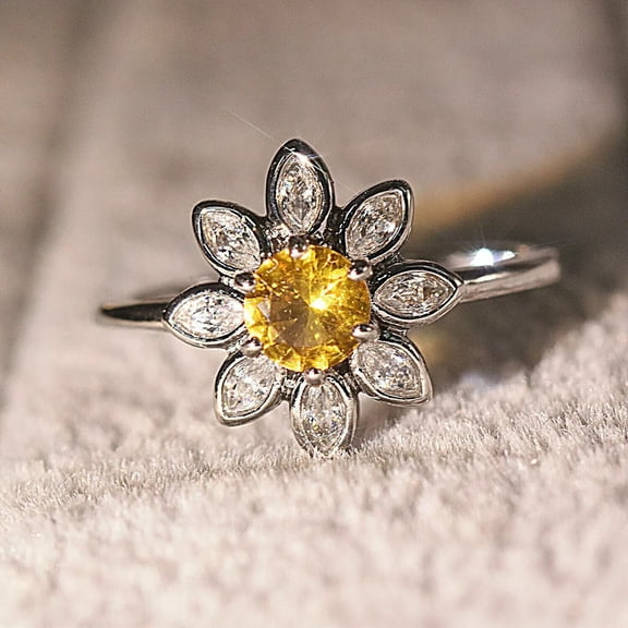 2Ct Round Cut Lab Created Yellow Citrine Flower Ring 14K White Gold Plated Silver