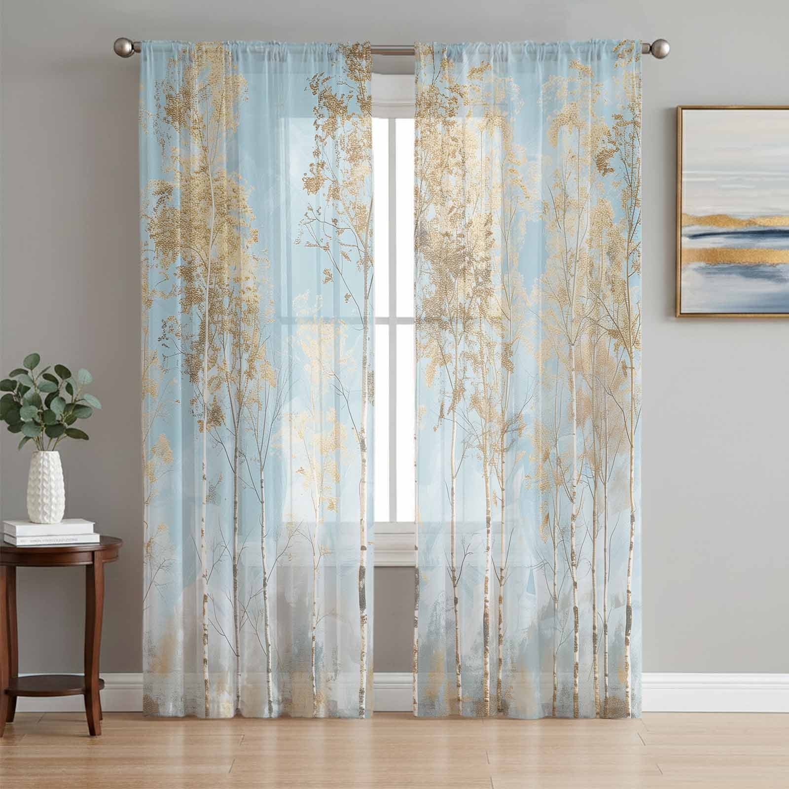 Contemporary Yellow Blue Tree Semi Sheer Curtains 108 Inch Length 2 Panels Set Abstract Art Oil Paiting Sheer Kitchen Curtain Privacy Voile Window Curtain for Living Room Bedroom Rod Pocket Drapes