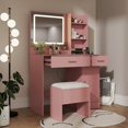 thumbnail image 5 of Roundhill Furniture Makeup Vanity Set, Vanity Desk, Stool, LED Light Mirror, Pink, 5 of 15