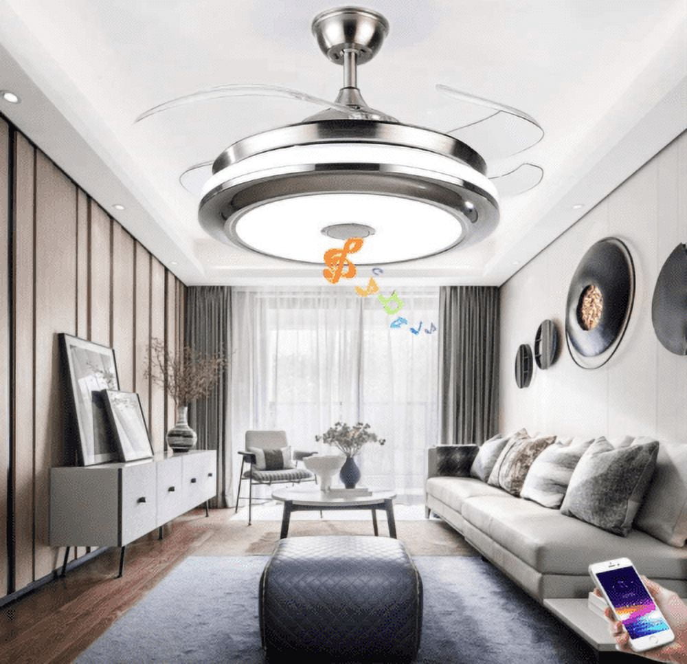 EASYG 42'' Modern Retractable Ceiling Fans with Smart Bluetooth Music Player Chandelier 3 Colors Invisible Blades with Remote Control