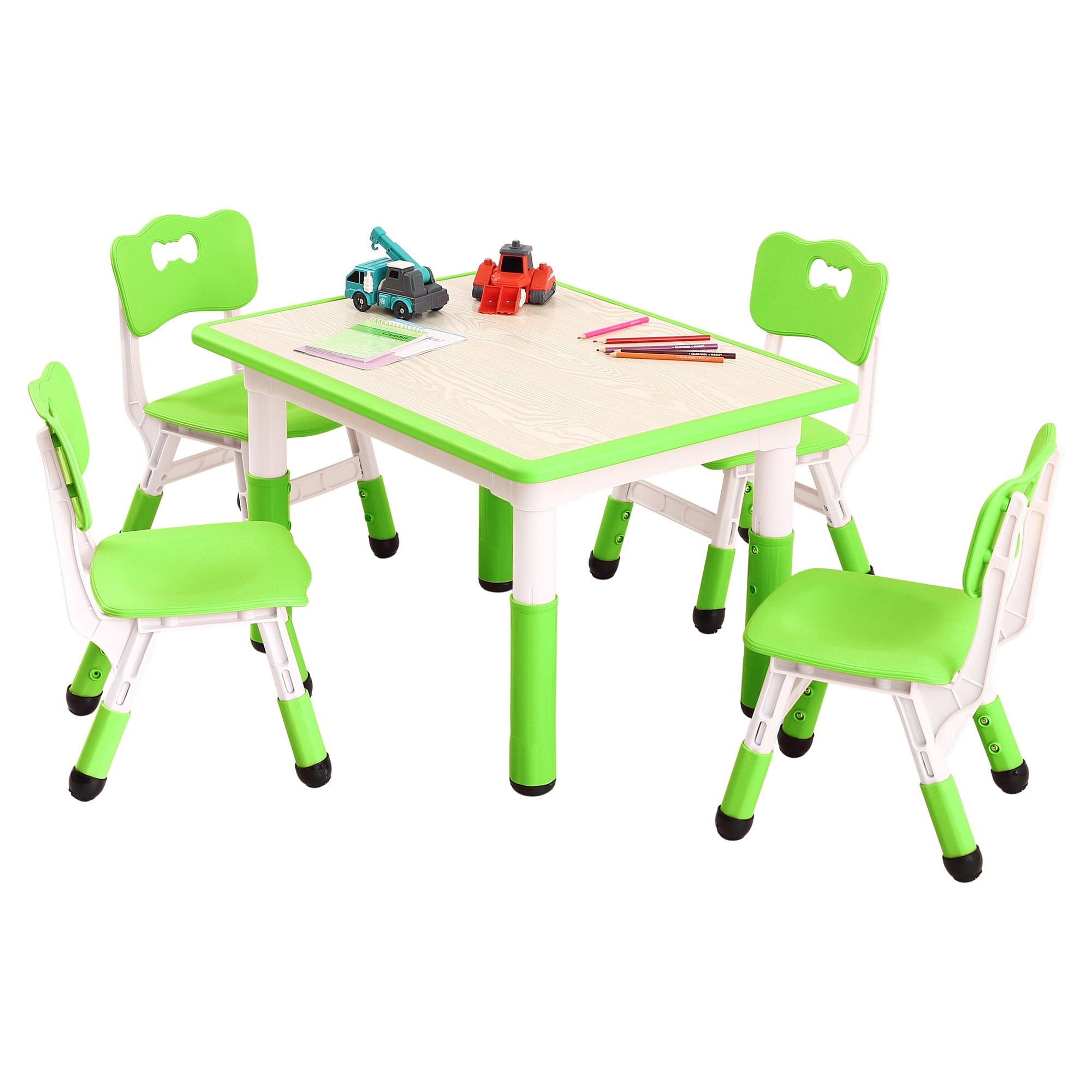 Toddler Table and Chair Set, Height Adjustable Kids Table and Chair Set of 4, Toddler Table for Reading, Drawing, Eating, for Ages Over 3, Green