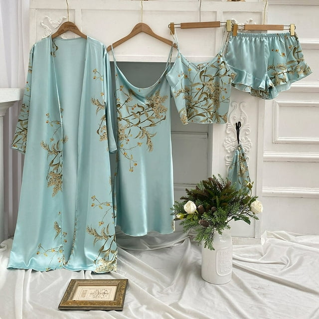 REDHOTYPE New Sakura Print 5 Piece Pajama Set Women's Homewear Robe Top Robe Shorts Pack Pajamas Homewear